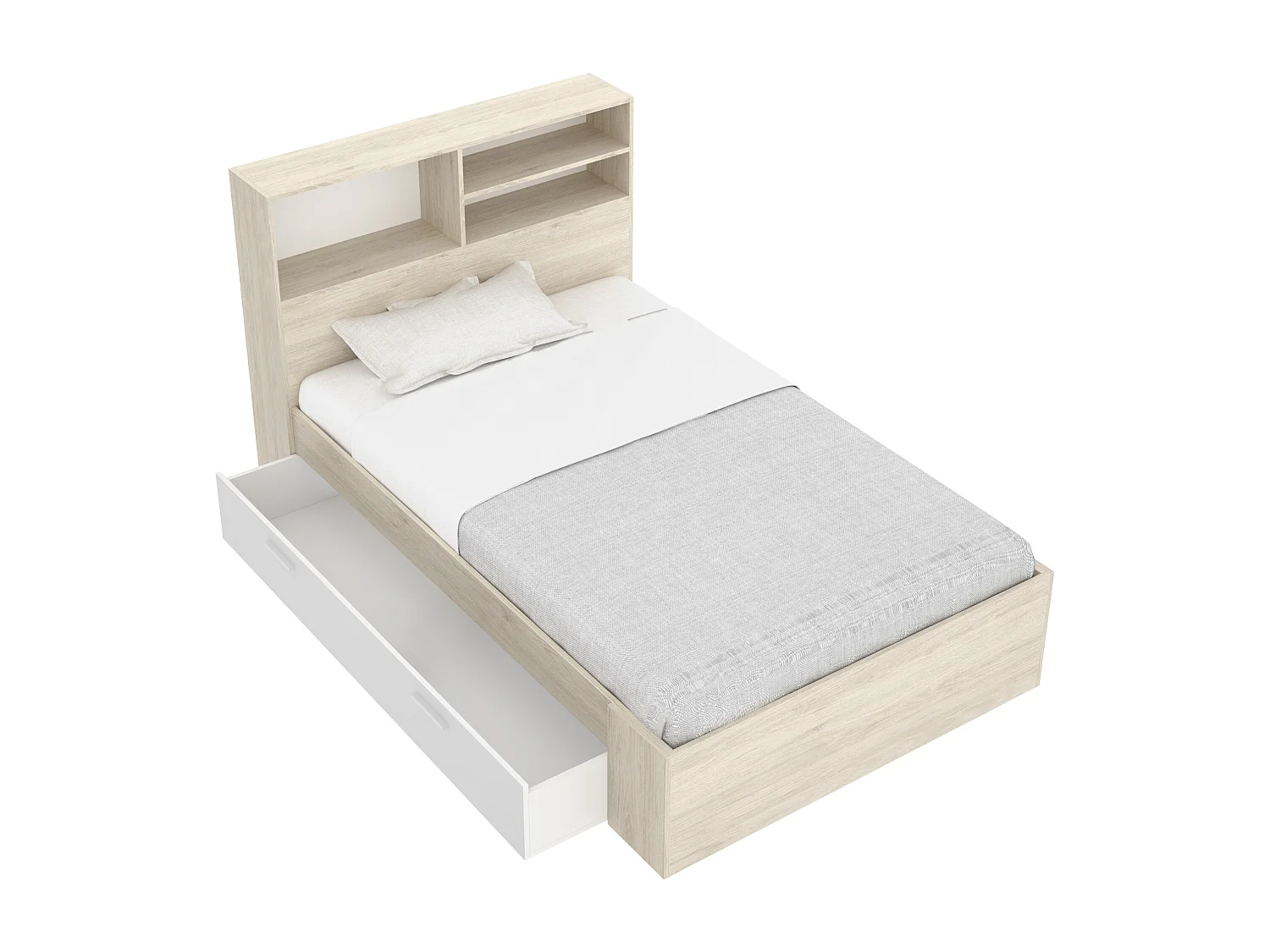 Lit 120 x 190 cm avec rangements - Coloris : Naturel et blanc + Sommier - VARDIEL