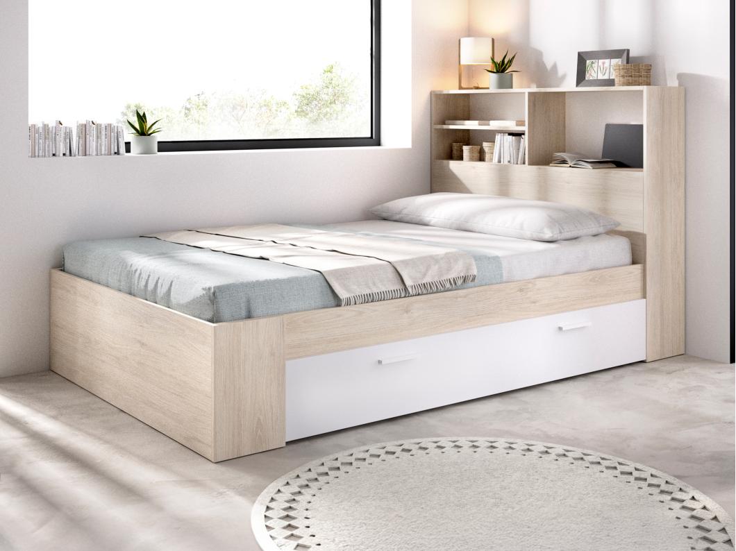 Cama 120 x 190 cm con almacenamiento - Color: Natural y blanco + Somier - VARDIEL