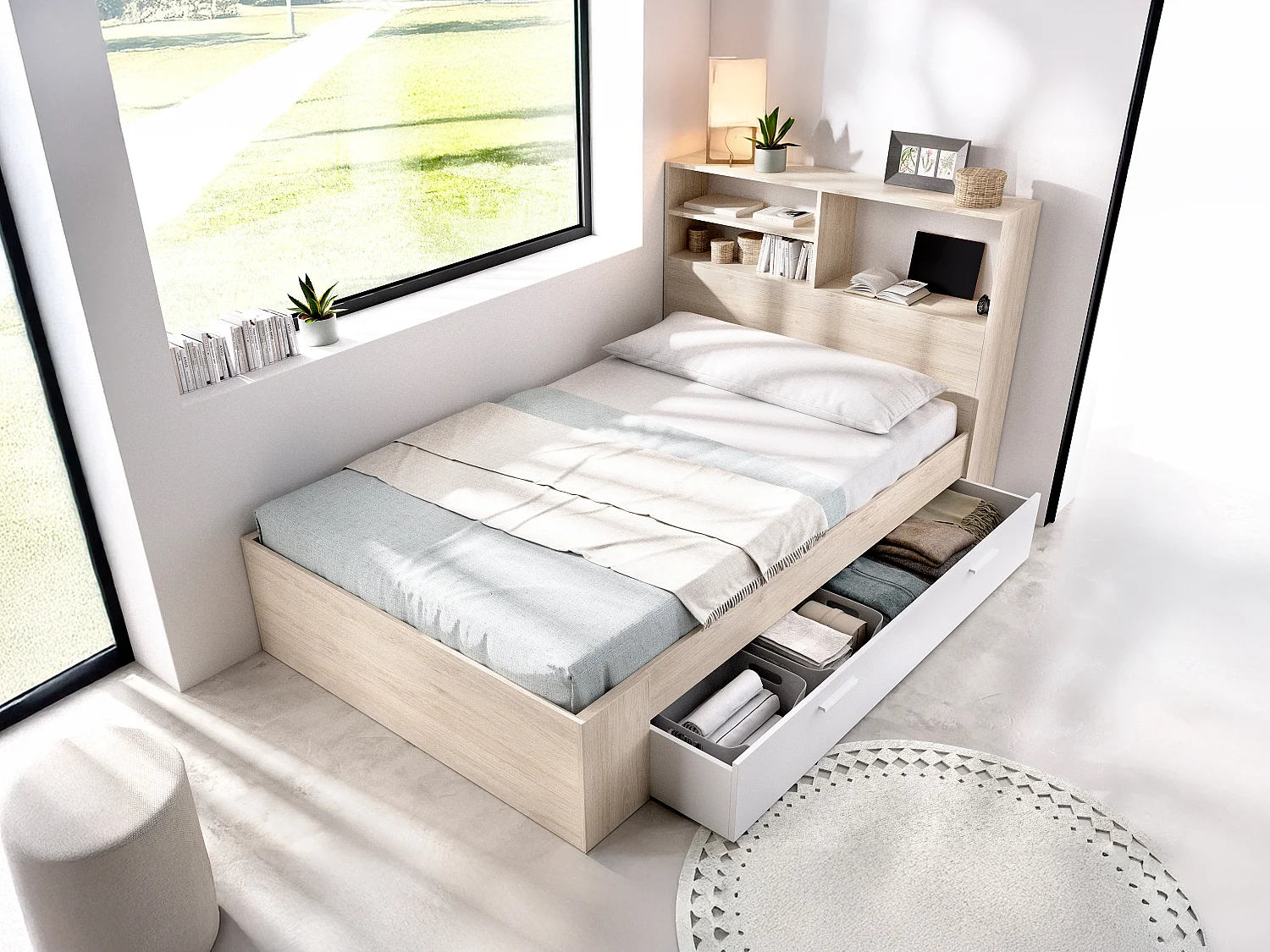 Lit 120 x 190 cm avec rangements - Coloris : Naturel et blanc + Sommier + Matelas - VARDIEL