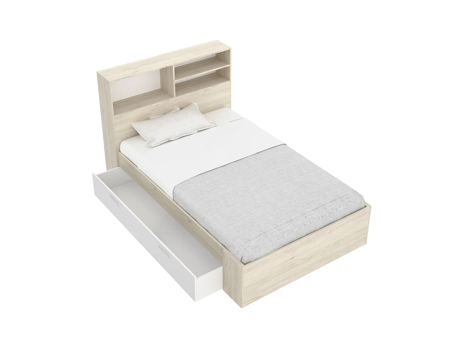 Lit 120 x 190 cm avec rangements - Coloris : Naturel et blanc + Sommier + Matelas - VARDIEL