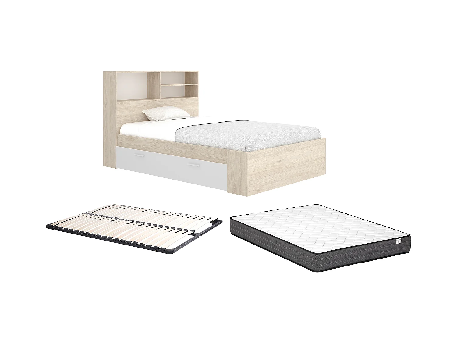 Lit 120 x 190 cm avec rangements - Coloris : Naturel et blanc + Sommier + Matelas - VARDIEL