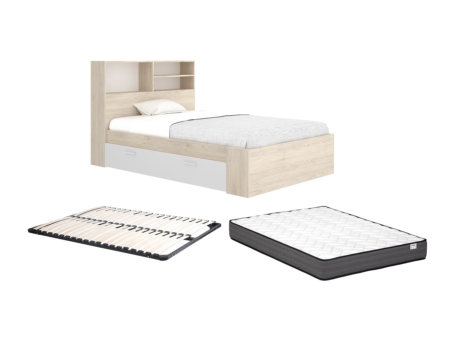 Bett mit Stauraum + Lattenrost + Matratze - 120 x 190 cm - Holzfarben & Wei günstig online kaufen