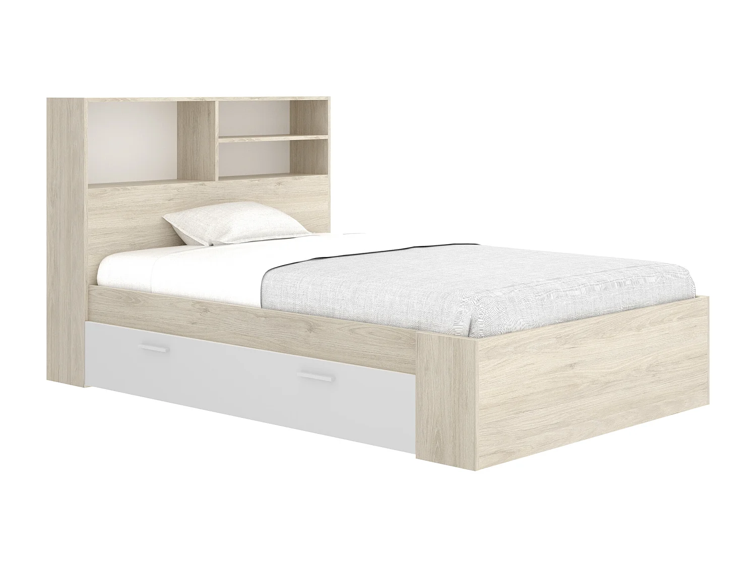 Lit 120 x 190 cm avec rangements - Coloris : Naturel et blanc + Sommier + Matelas - VARDIEL