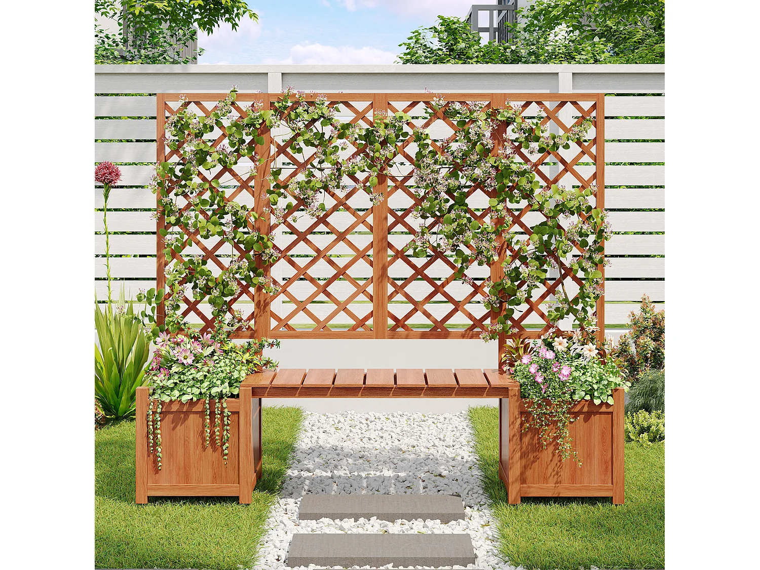 Jardinière avec treillis comme - jardinière à fleurs - Pot de fleurs - jardinière en bois de sapin massif - avec treillis et siège - marron