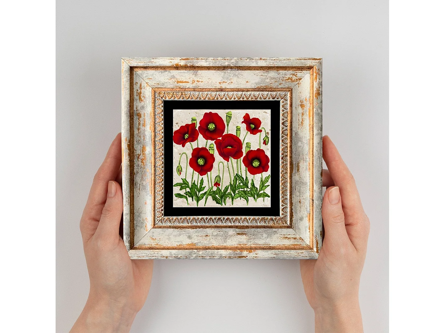 Tableau décoratif en bois et métal 20 x 20 cm Fleur rouge