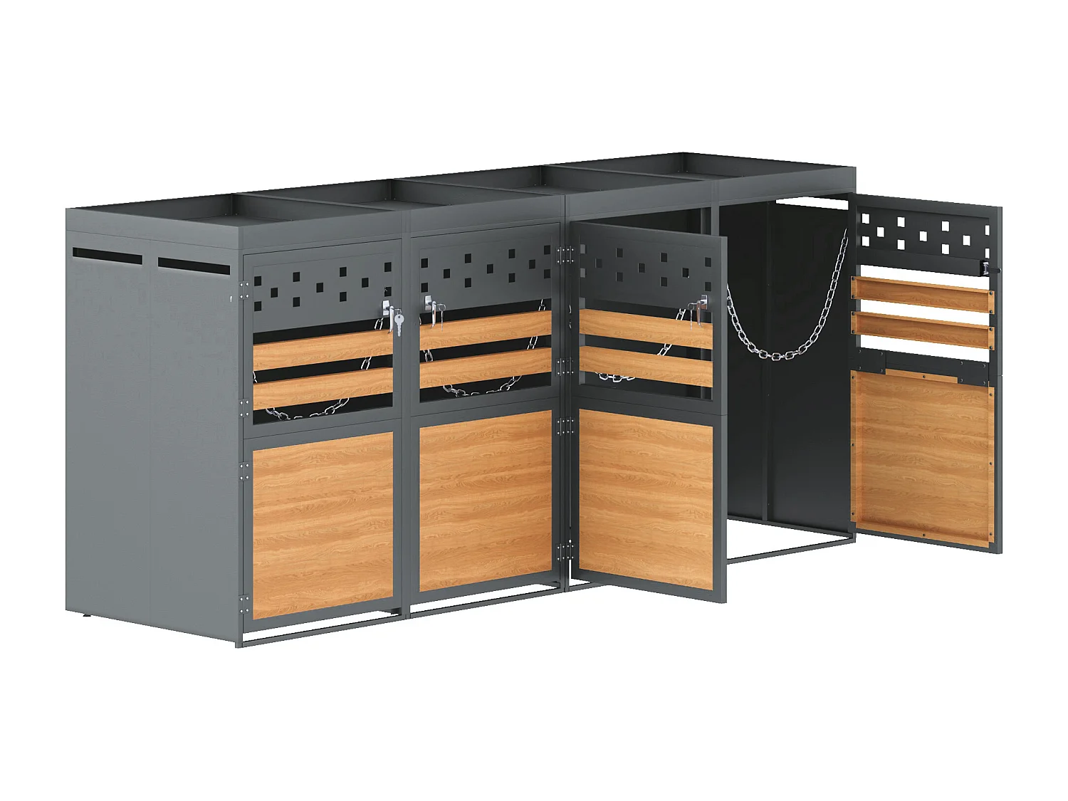 Afdekking van vuilnisbak - 4x240L - deur donker met houtachtig uiterlijk - Vervangbaar - roestvrij staal - with ventilatiegaten - ingebouwde bloempot - grijs