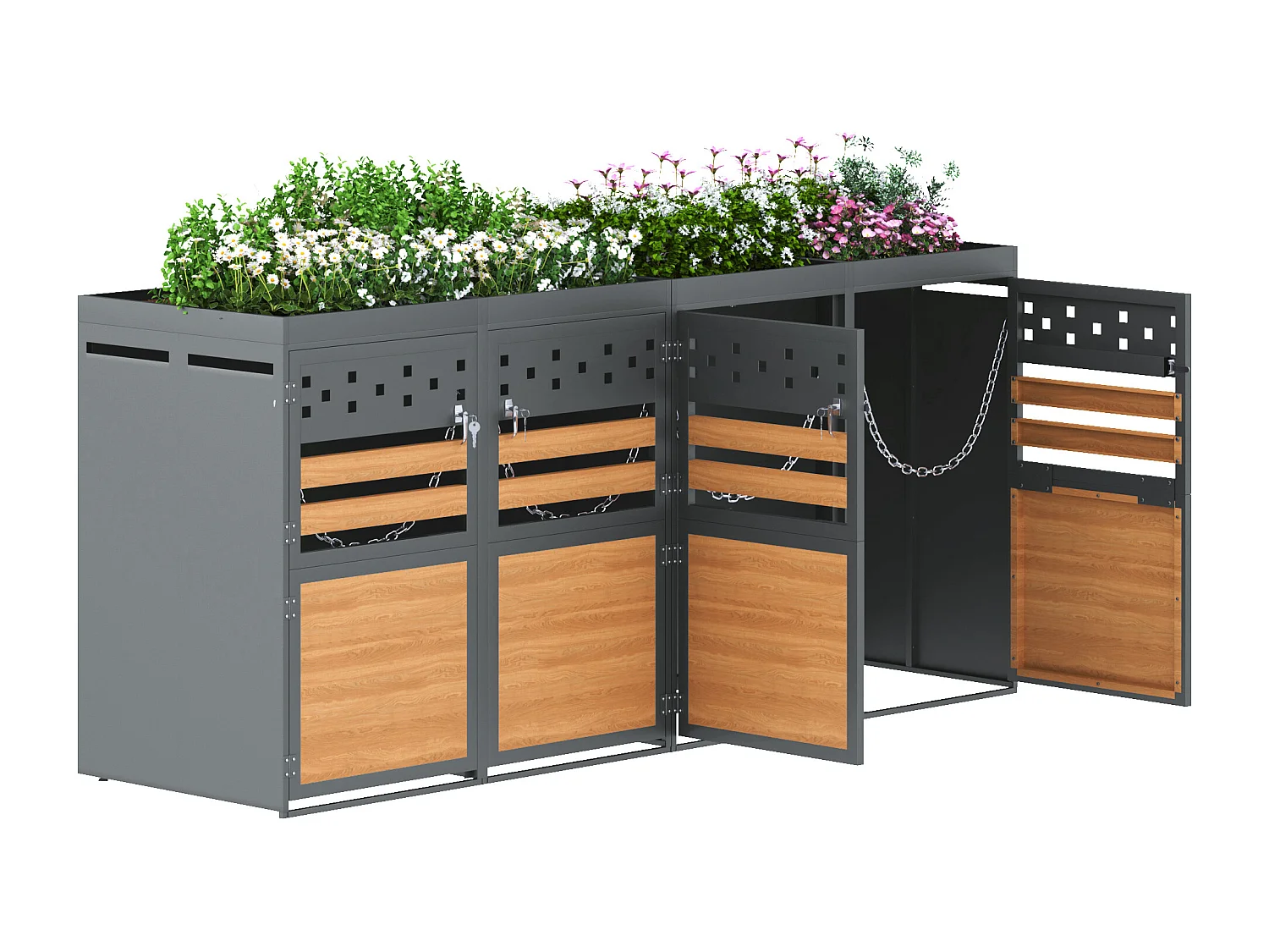 Afdekking van vuilnisbak - 4x240L - deur donker met houtachtig uiterlijk - Vervangbaar - roestvrij staal - with ventilatiegaten - ingebouwde bloempot - grijs