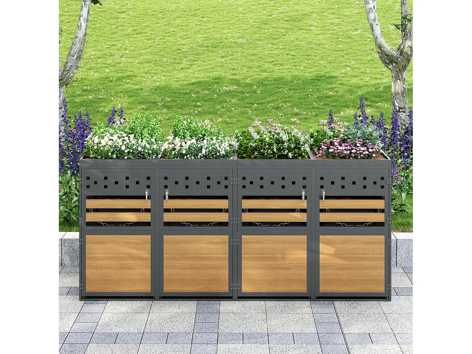 Afdekking van vuilnisbak - 4x240L - deur donker met houtachtig uiterlijk - Vervangbaar - roestvrij staal - with ventilatiegaten - ingebouwde bloempot - grijs