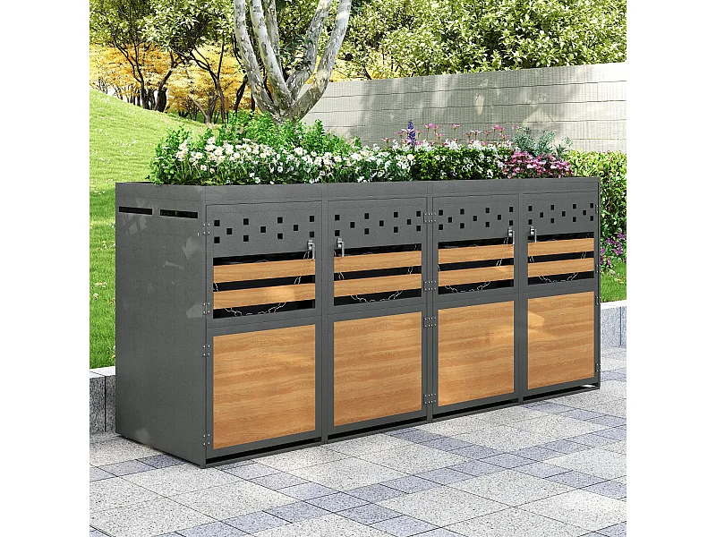 Afdekking van vuilnisbak - 4x240L - deur donker met houtachtig uiterlijk - Vervangbaar - roestvrij staal - with ventilatiegaten - ingebouwde bloempot - grijs
