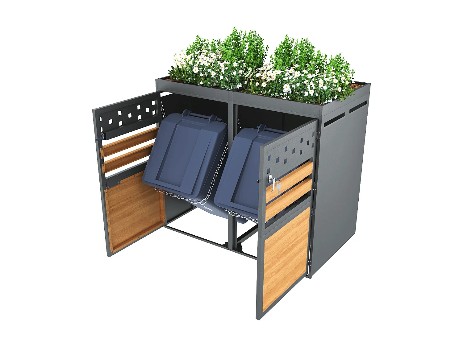 Dubbele vuilnisbakafdekking - 2x240L - deur donker met houtachtig uiterlijk - Vervangbaar - roestvrij staal - met ventilatiegaten - ingebouwde bloempot - grijs