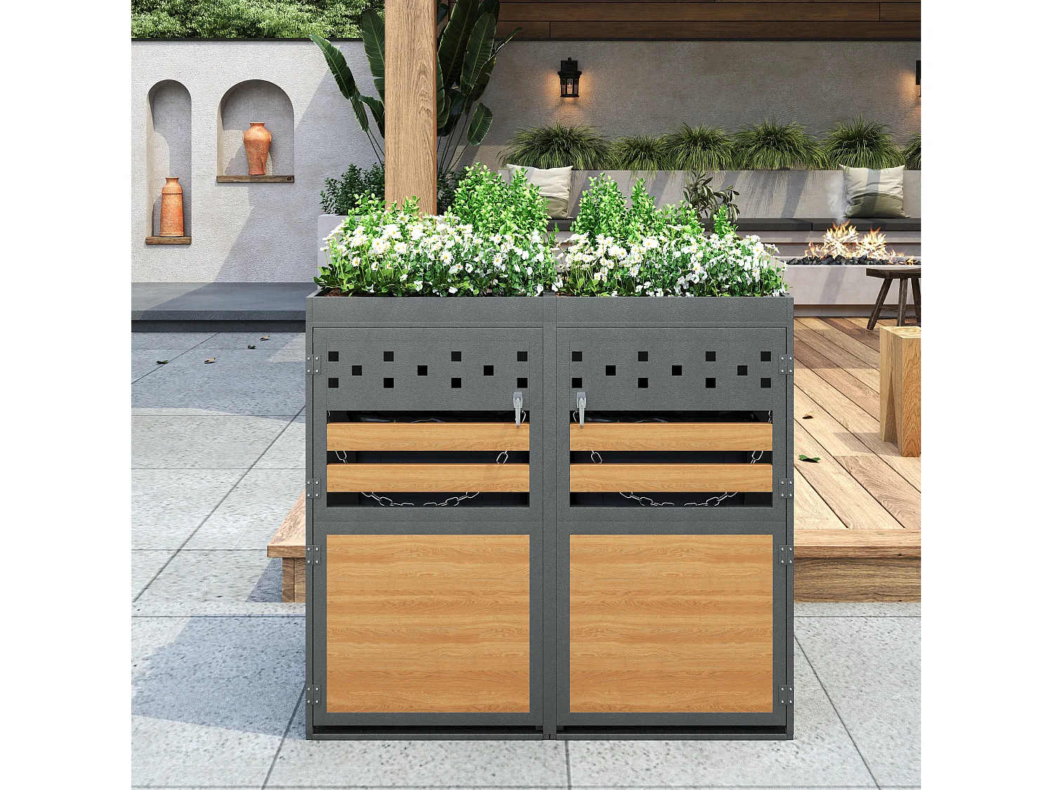 Dubbele vuilnisbakafdekking - 2x240L - deur donker met houtachtig uiterlijk - Vervangbaar - roestvrij staal - met ventilatiegaten - ingebouwde bloempot - grijs