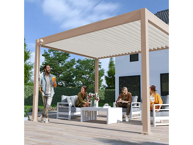 Pergola bioclimatica Ombréa® VS autoportante 3x4M - Beige - Lamelle bianche