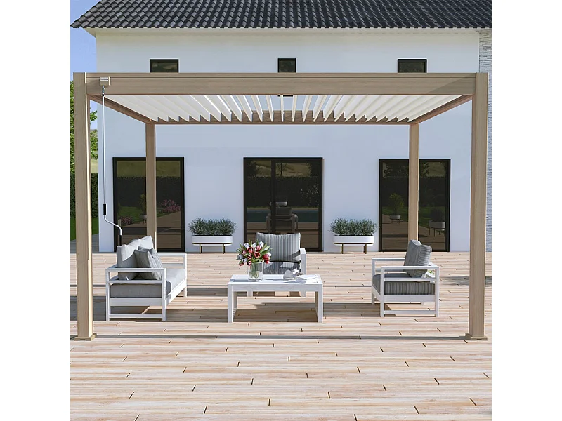 Pergola bioclimatica Ombréa® VS autoportante 3x4M - Woodlook legno naturale + 1 tenda 4M bianco