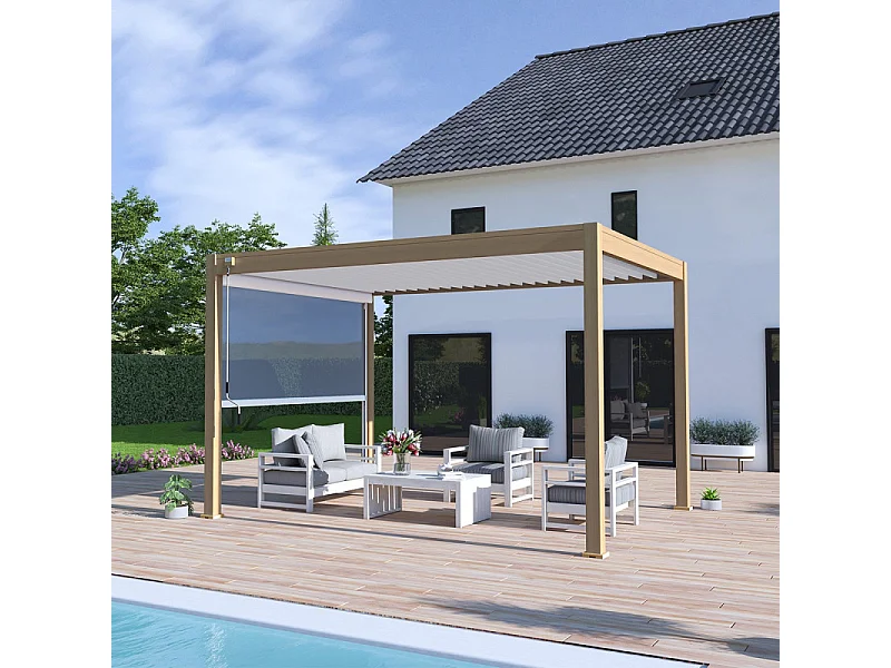 Pergola bioclimatica Ombréa® VS autoportante 3x4M - Woodlook legno naturale + 1 tenda 4M bianco
