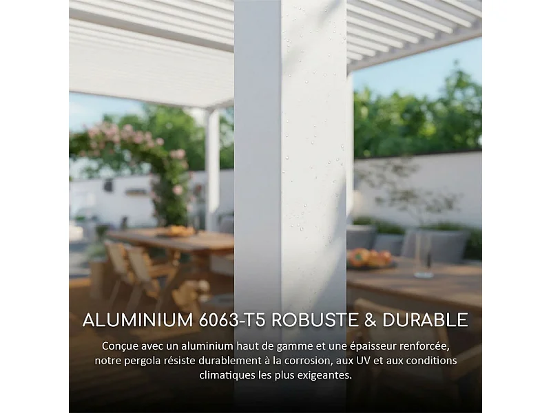 Pergola bioclimatica Ombréa® VS autoportante 3x4M - Woodlook legno naturale + 1 tenda 4M bianco