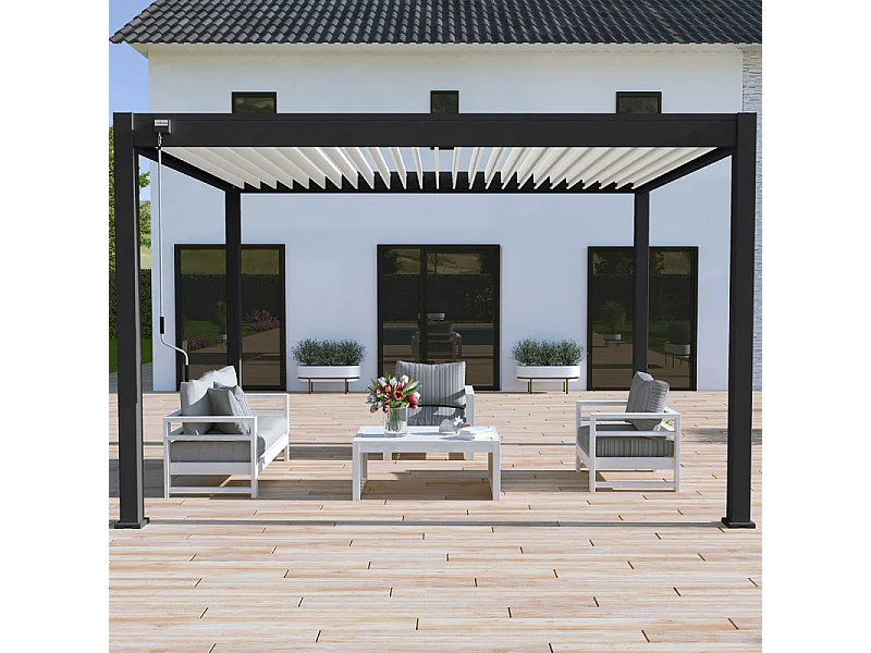 Pergola bioclimatica Ombréa autoportante VS - 3x4M Nero + 1 tenda 4M bianco