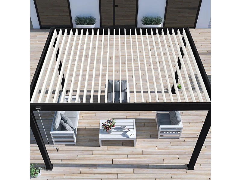 Pergola bioclimatica Ombréa autoportante VS - 3x4M Nero + 1 tenda 4M bianco