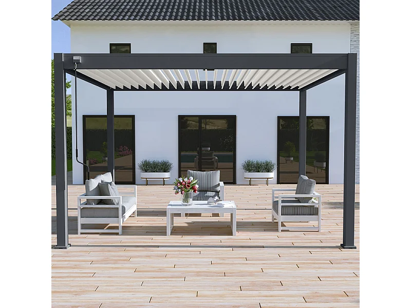 Pergola bioclimatica Ombréa autoportante VS - 3x4M bicolore + 1 tenda 4M bianca