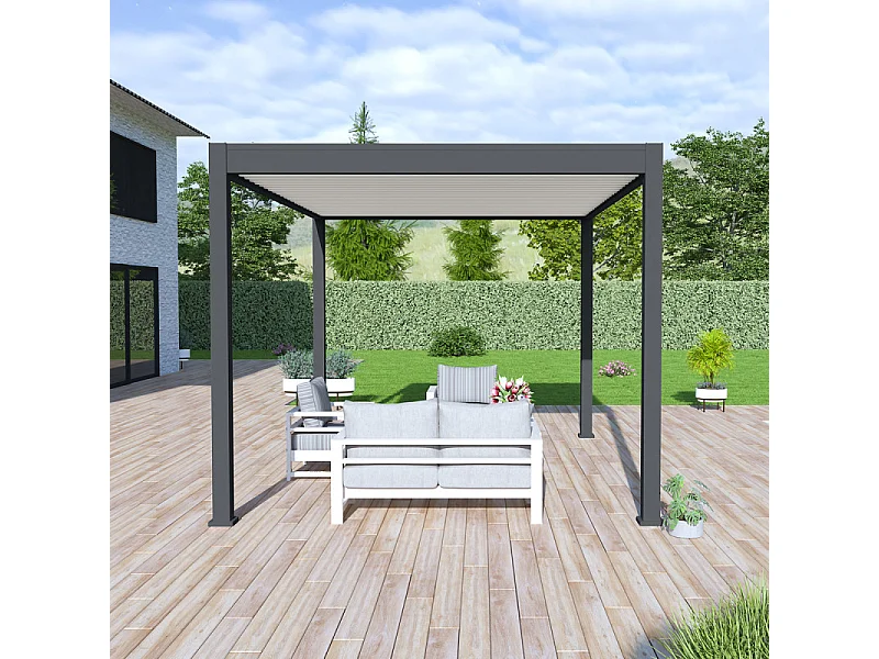 Pergola bioclimatica Ombréa autoportante VS - 3x4M bicolore + 1 tenda 4M bianca