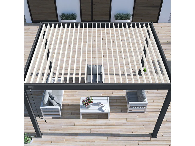 Pergola bioclimatica Ombréa autoportante VS - 3x4M bicolore + 1 tenda 4M bianca