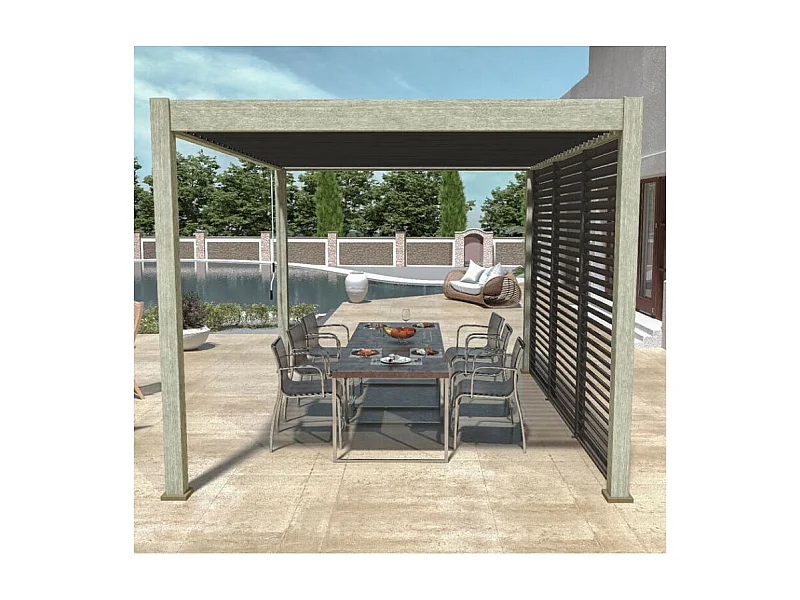 Pergola bioclimatica Ombréa 3x4M autoportante Woodlook/Antracite + 1 pannello frangivista 1M Antracite VS