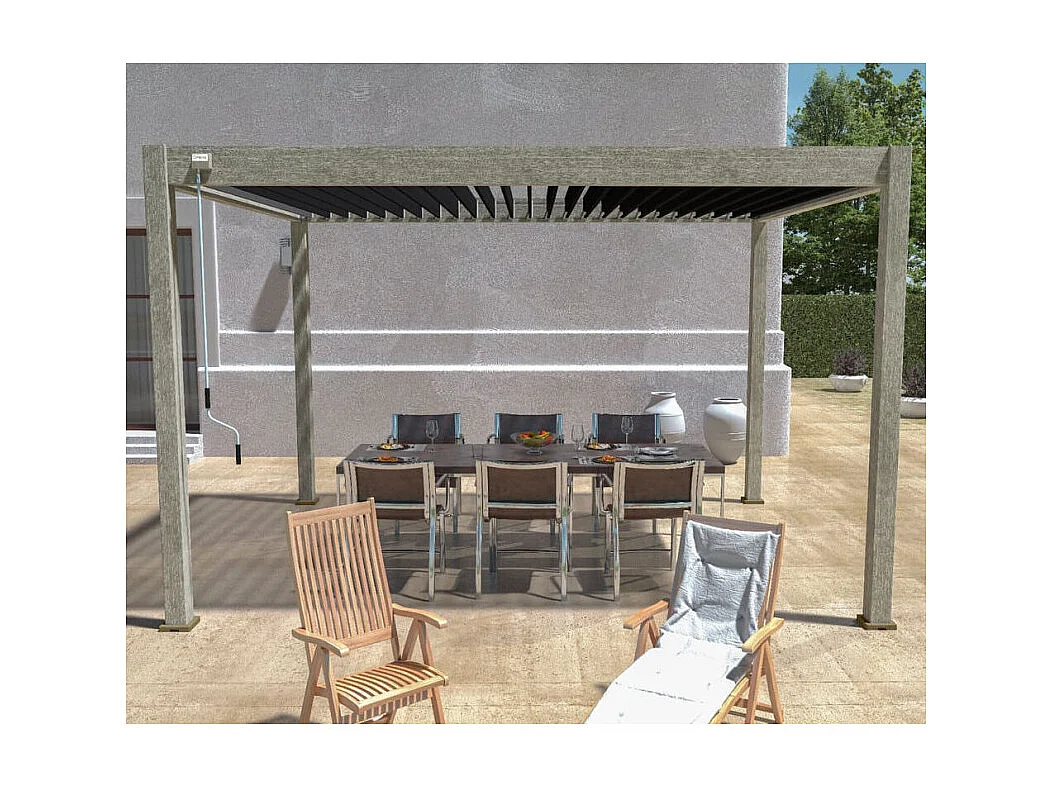 Pergola bioclimatica Ombréa 3x4M autoportante Woodlook/Antracite + 1 pannello frangivista 1M Antracite VS