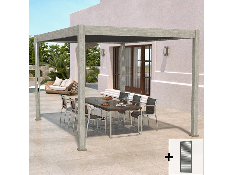 Pergola bioclimatica Ombréa 3x4M autoportante Woodlook/Antracite + 1 pannello frangivista 1M Antracite VS