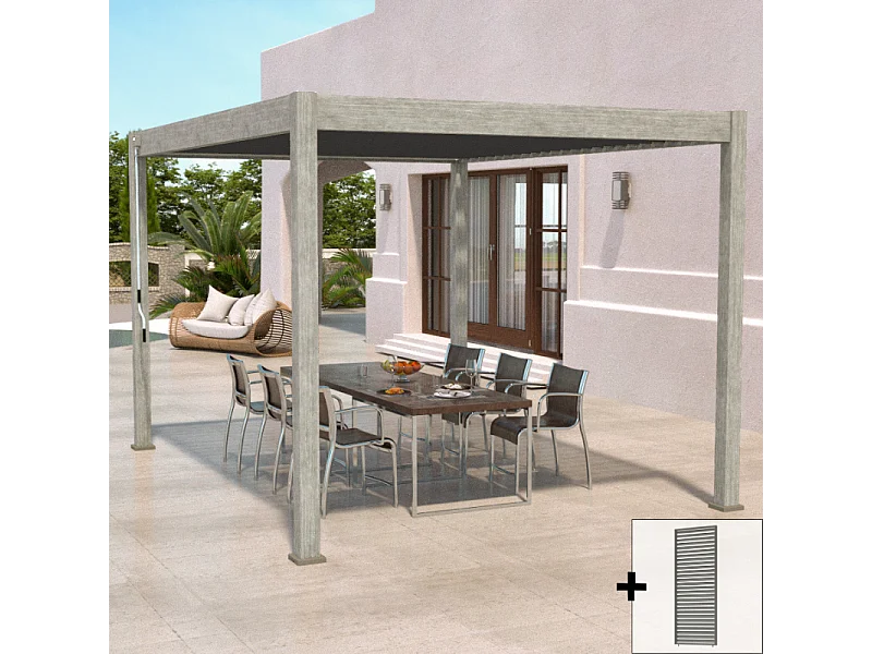 Pergola bioclimatica Ombréa 3x4M autoportante Woodlook/Antracite + 1 pannello frangivista 1M Antracite VS