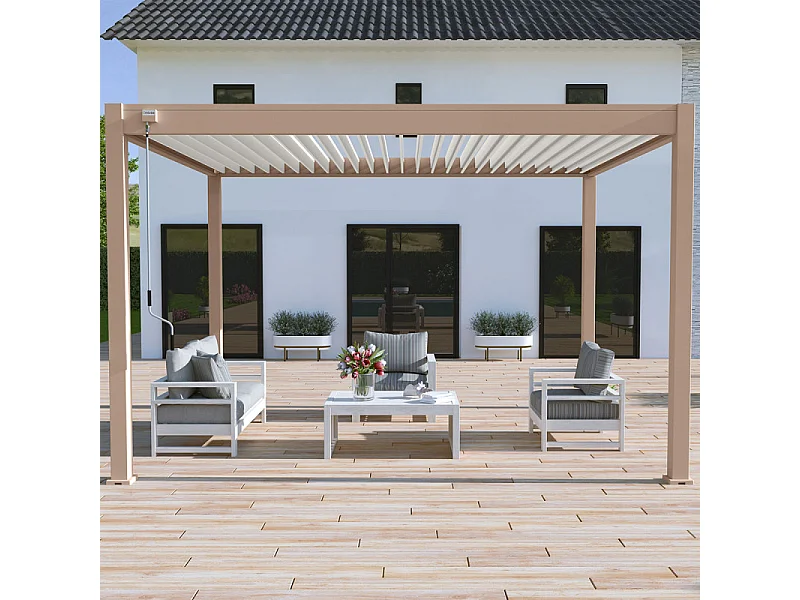 Pergola bioclimatica Ombréa autoportante VS - 3x4M Beige + 1 tenda 4M bianca