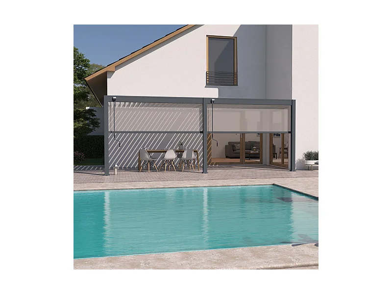 Pergola bioclimatica Ombréa addossata VS - 3x6M bicolore + 2 tende antracite