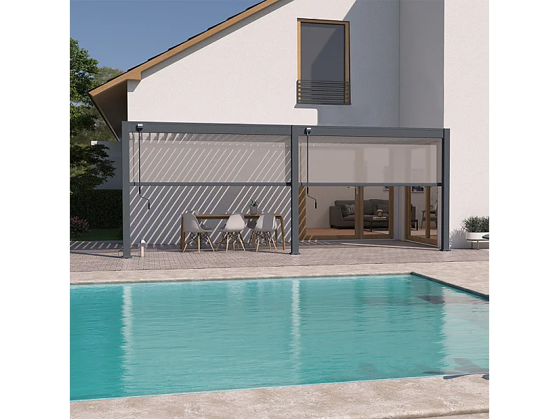 Pergola bioclimatica Ombréa addossata VS - 3x6M bicolore + 2 tende antracite
