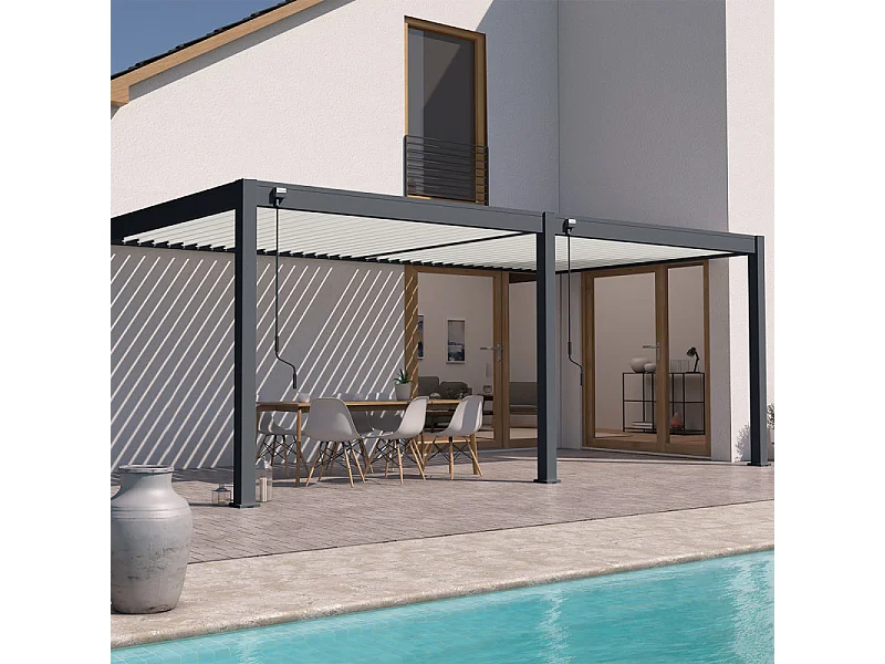Pergola bioclimatica Ombréa addossata VS - 3x6M bicolore + 2 tende antracite