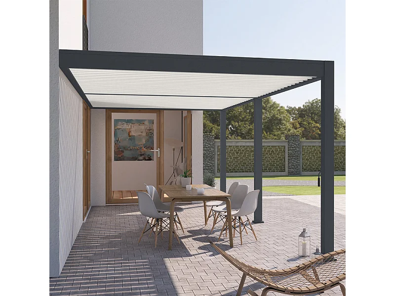 Pergola bioclimatica Ombréa addossata VS - 3x6M bicolore + 2 tende antracite