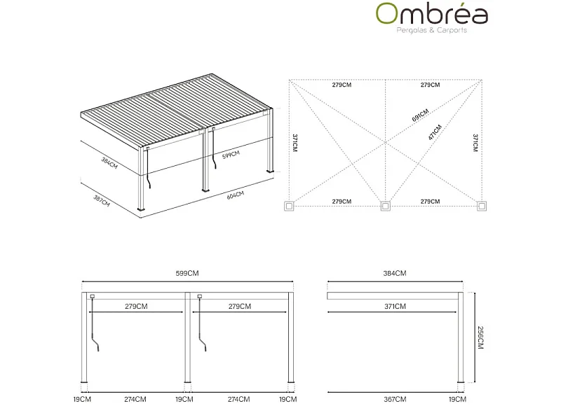Pergola bioclimatica Ombréa VS 4x6M adossata - V2 - Antracite/bianco