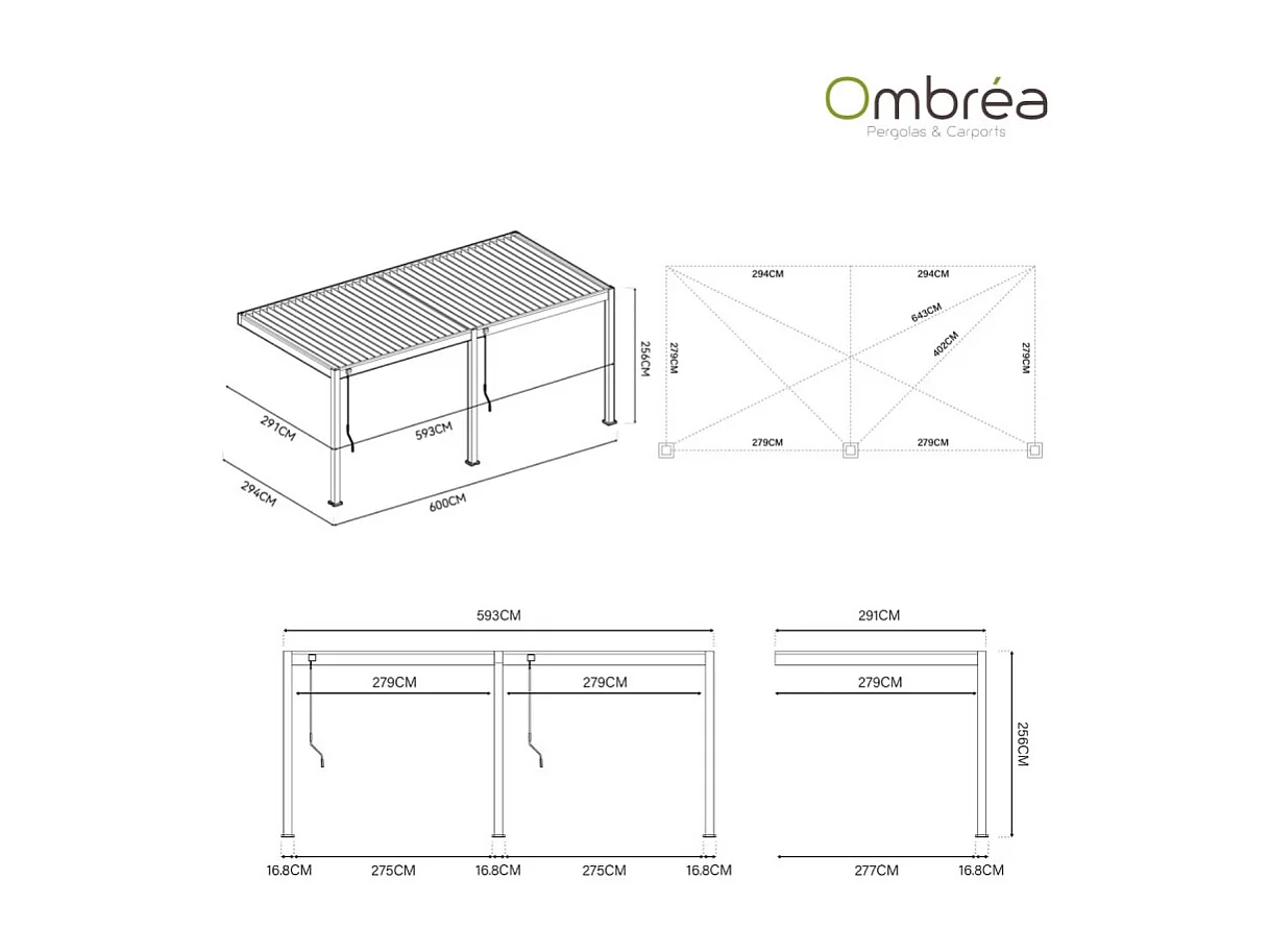 Pergola bioclimatica Ombréa VS 3x6M adossata - Antracite/bianco - V2