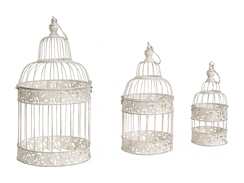 BISCOTTINI Cage pour Animaux - Fer Blanc Antique - Décorative - Jardin - Mobilier - Lot de 3 - 14x14x32 cm, 19x19x40 cm, 25x25x50 cm