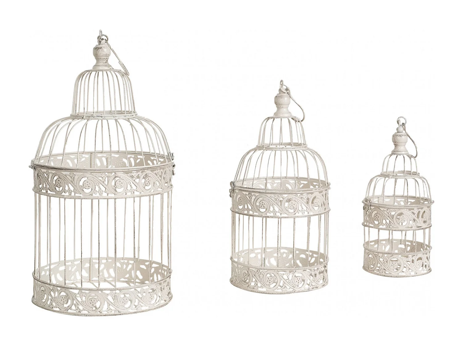 BISCOTTINI Cage pour Animaux - Fer Blanc Antique - Décorative - Jardin - Mobilier - Lot de 3 - 14x14x32 cm, 19x19x40 cm, 25x25x50 cm