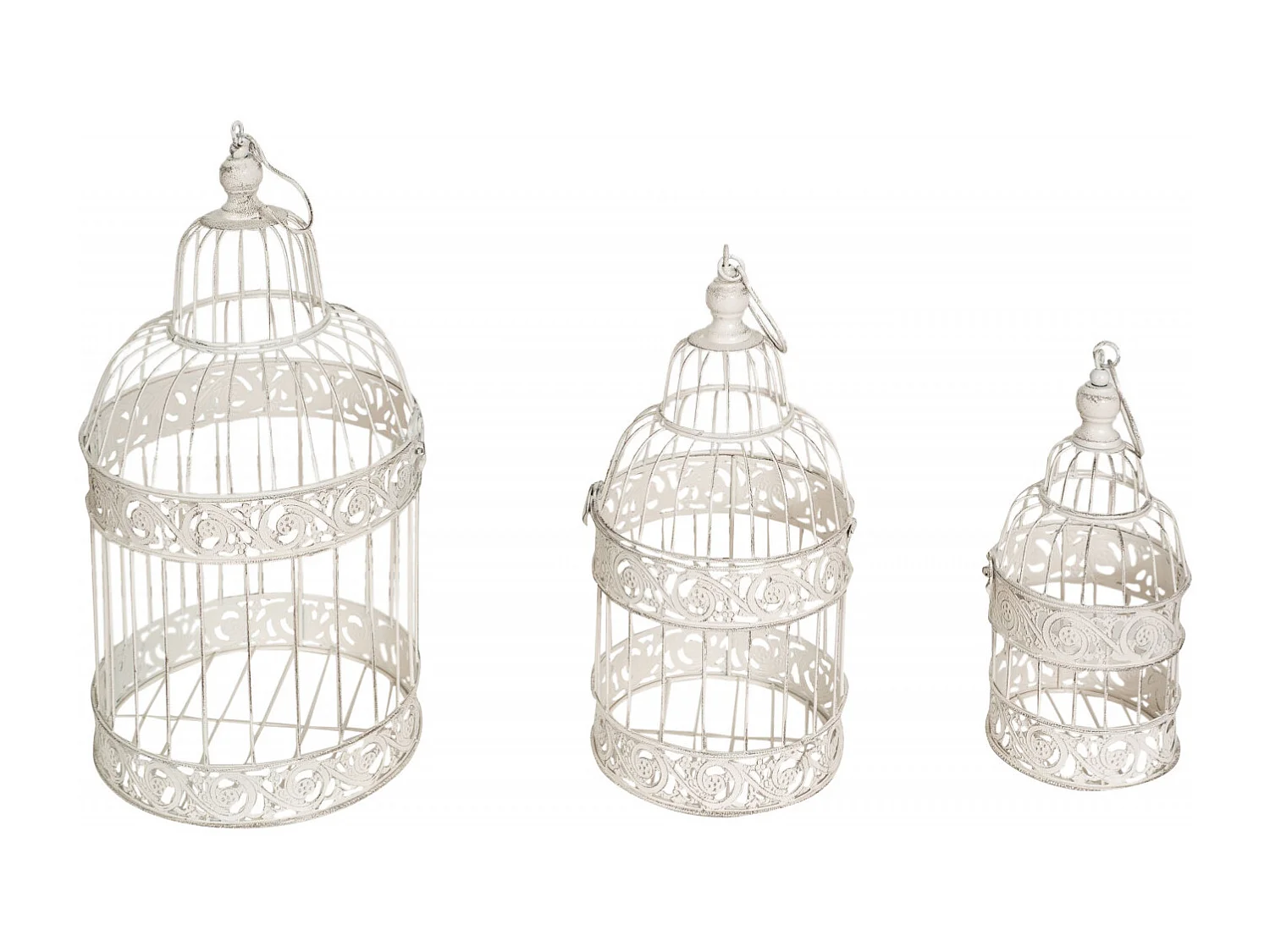 BISCOTTINI Cage pour Animaux - Fer Blanc Antique - Décorative - Jardin - Mobilier - Lot de 3 - 14x14x32 cm, 19x19x40 cm, 25x25x50 cm