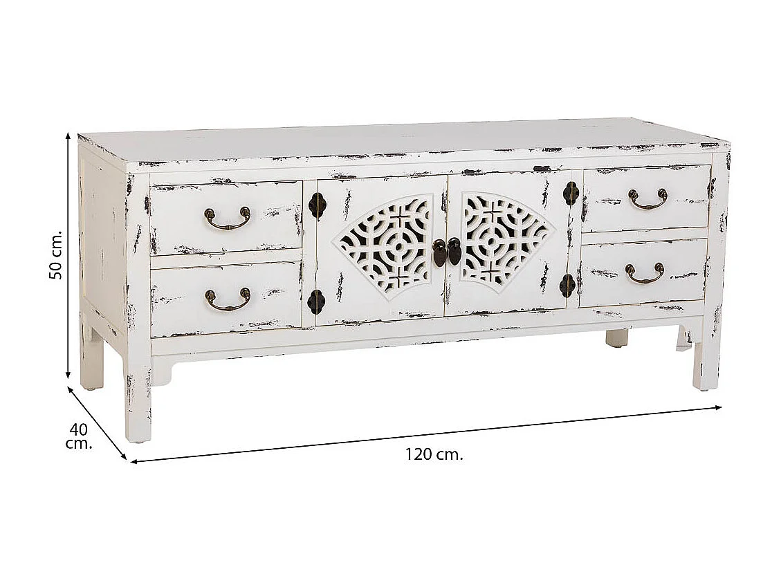 Meuble bas en bois blanc avec 4 tiroirs et 2 portes 120x40x50h cm