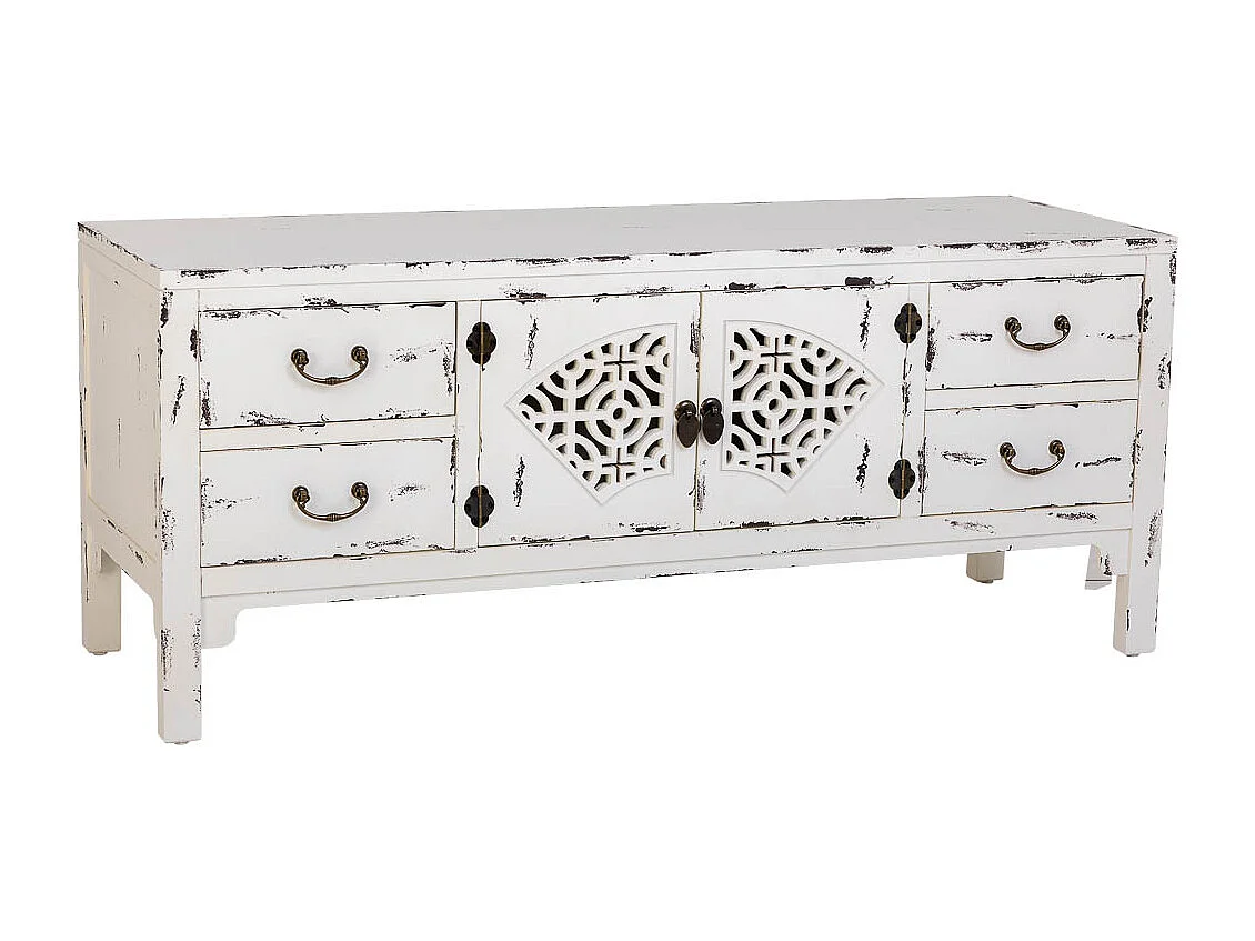 Móvel baixo de madeira branca com 4 gavetas e 2 portas 120x40x50h cm