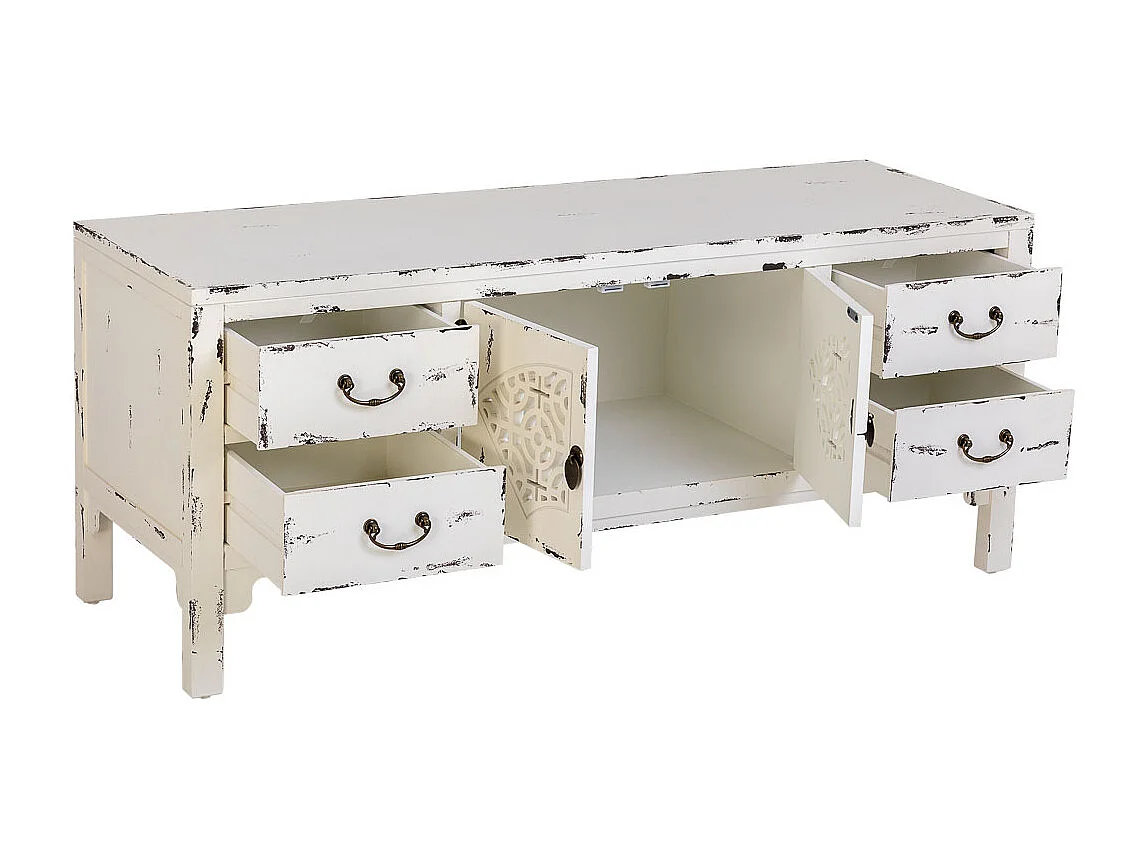 Móvel baixo de madeira branca com 4 gavetas e 2 portas 120x40x50h cm