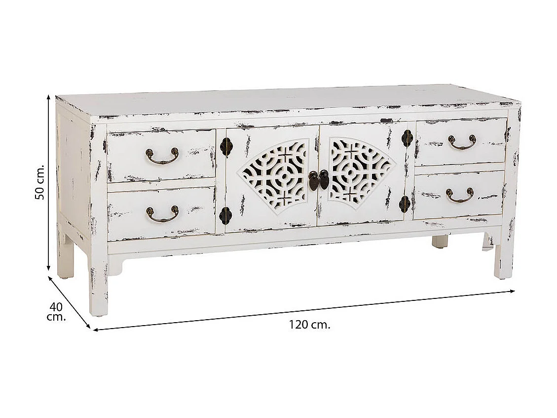 Mobile basso in legno laccato bianco, 4 cassetti 2 porte 120x40x50h cm