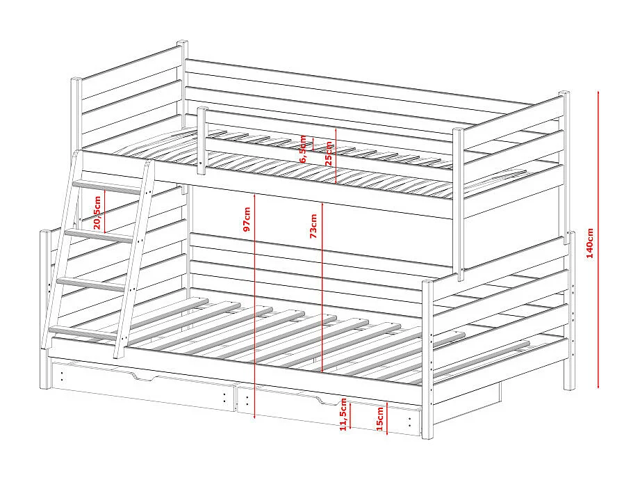 Lit Superposé FANNY 90x200/120x200 Blanc - blanc Livré avec le sommiers et tiroir.
