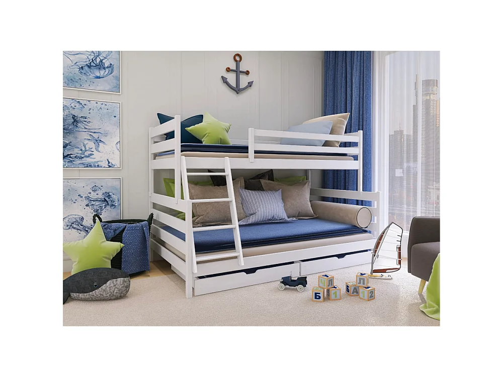 Lit Superposé FANNY 90x200/120x200 Blanc - blanc Livré avec le sommiers et tiroir.