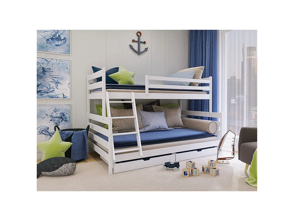 Lit Superposé FANNY 90x200/120x200 Blanc - blanc Livré avec le sommiers et tiroir.