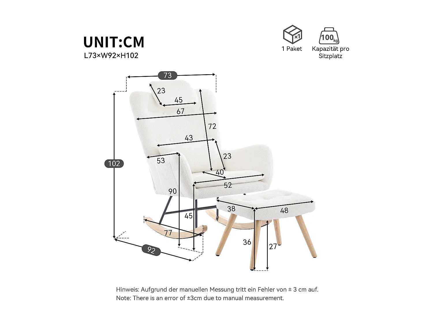 Fauteuil à bascule - avec tabouret - Velours - Blanc