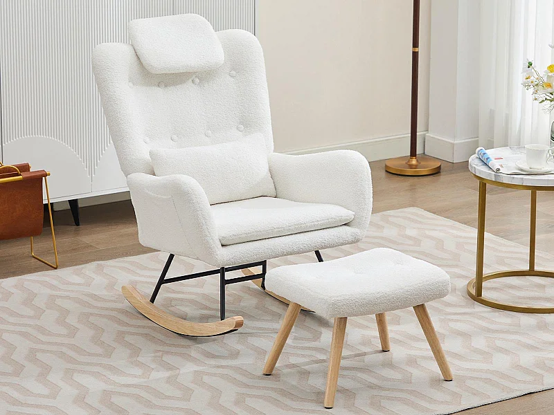 Fauteuil à bascule - avec tabouret - Velours - Blanc