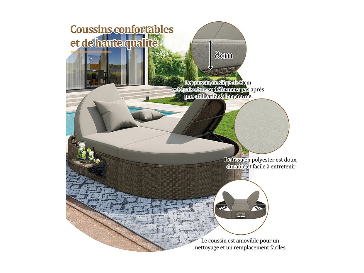 Lunga sedia doppia in rattan - Lunga sedia da giardino con telaio laterale - Angolo regolabile individualmente - Con cuscini - 2 posti - Grigio