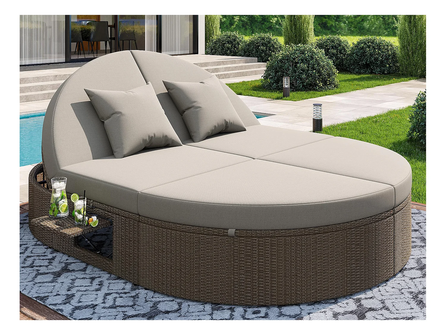 Chaise longue double en rotin - Chaise longue de jardin avec cadre latéral - Angle réglable individuellement - Avec coussins - 2 places - Gris