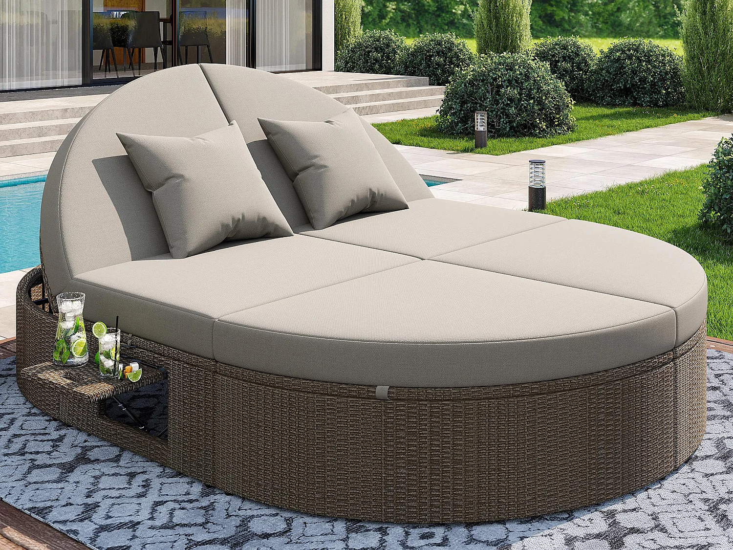 Chaise longue double en rotin - Chaise longue de jardin avec cadre latéral - Angle réglable individuellement - Avec coussins - 2 places - Gris